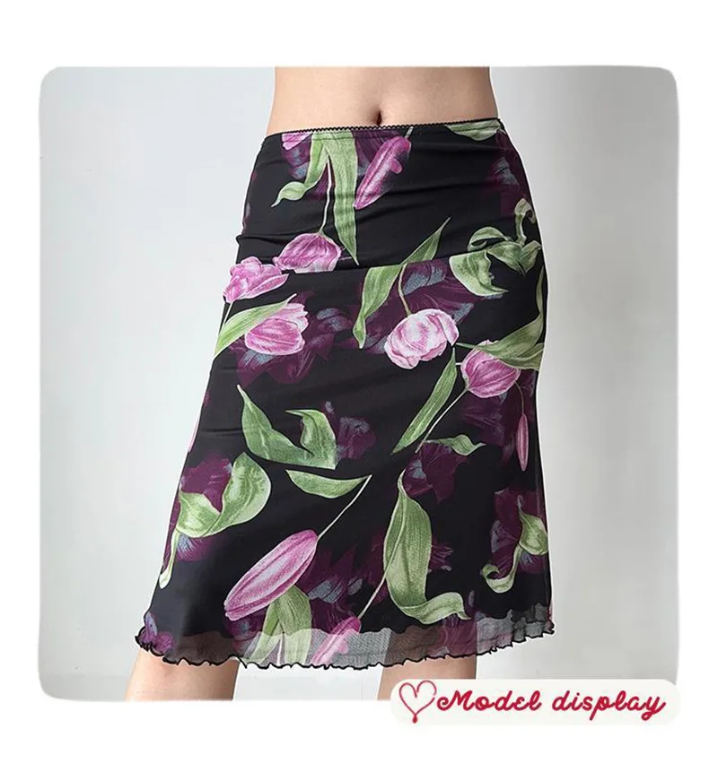 Vintage Floral Mesh Skirt Women High Waist Streetwear Slim Midi Mermaid Skirts Spring Summer American Retro Sexy Harajuku Skirts