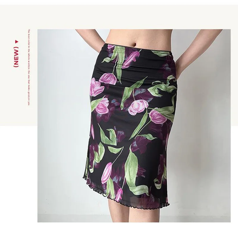 Vintage Floral Mesh Skirt Women High Waist Streetwear Slim Midi Mermaid Skirts Spring Summer American Retro Sexy Harajuku Skirts