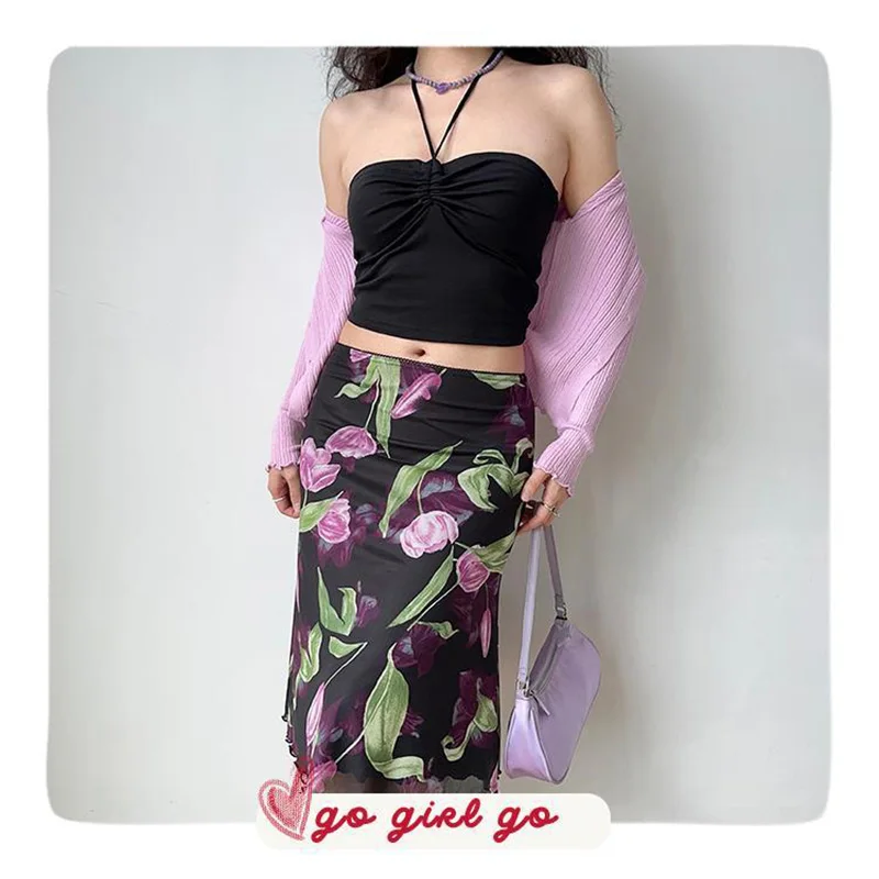 Vintage Floral Mesh Skirt Women High Waist Streetwear Slim Midi Mermaid Skirts Spring Summer American Retro Sexy Harajuku Skirts
