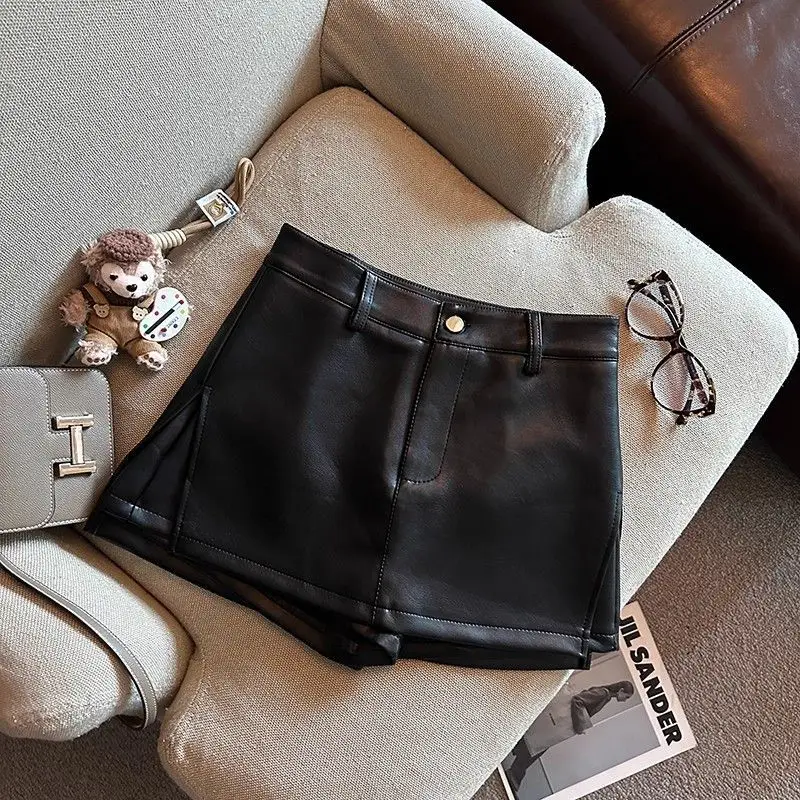 Vintage Brown PU Leather Skirts Female Sexy Hot Girls Package Hip Mini Skirt Women Autumn Winter High Waist Split Shorts Skirt