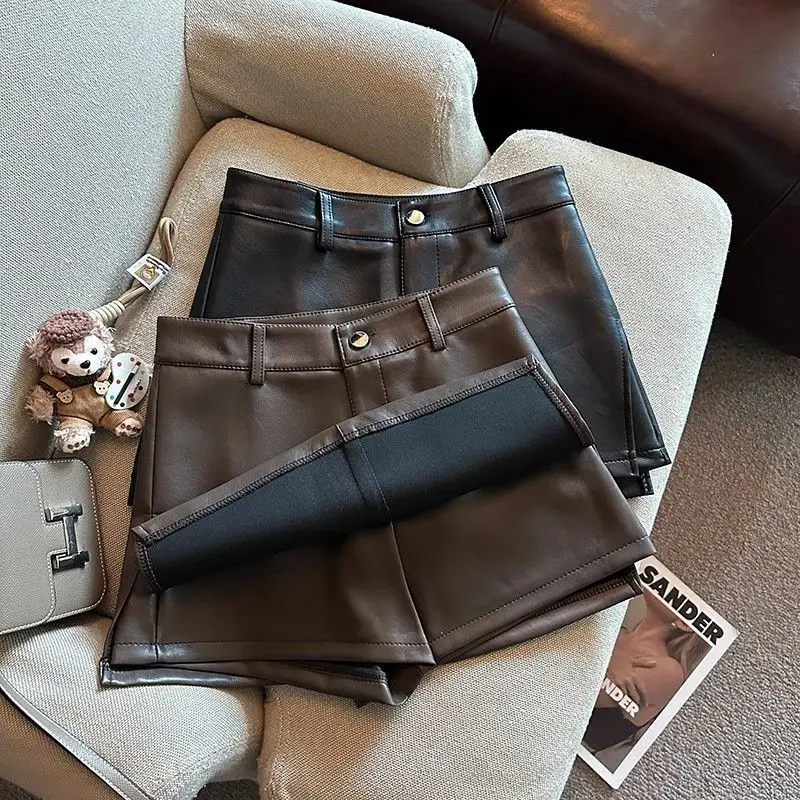 Vintage Brown PU Leather Skirts Female Sexy Hot Girls Package Hip Mini Skirt Women Autumn Winter High Waist Split Shorts Skirt