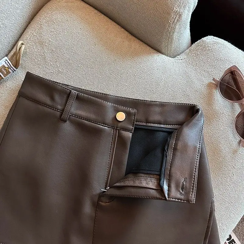 Vintage Brown PU Leather Skirts Female Sexy Hot Girls Package Hip Mini Skirt Women Autumn Winter High Waist Split Shorts Skirt