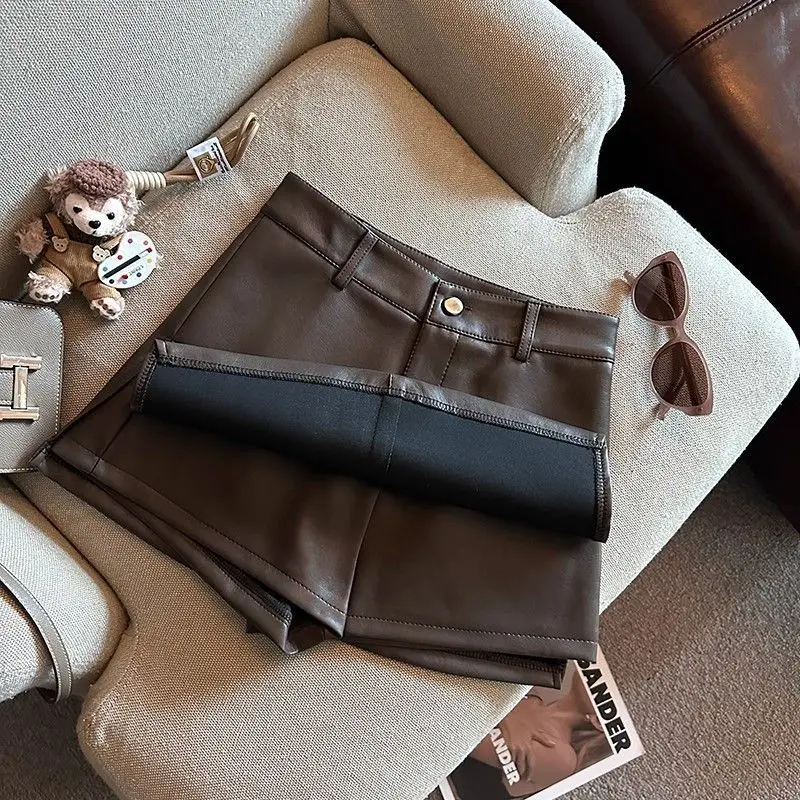 Vintage Brown PU Leather Skirts Female Sexy Hot Girls Package Hip Mini Skirt Women Autumn Winter High Waist Split Shorts Skirt