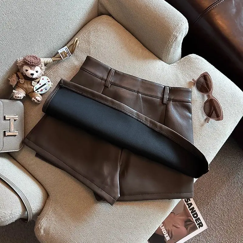 Vintage Brown PU Leather Skirts Female Sexy Hot Girls Package Hip Mini Skirt Women Autumn Winter High Waist Split Shorts Skirt