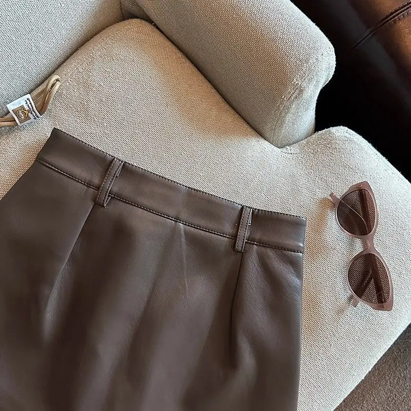 Vintage Brown PU Leather Skirts Female Sexy Hot Girls Package Hip Mini Skirt Women Autumn Winter High Waist Split Shorts Skirt