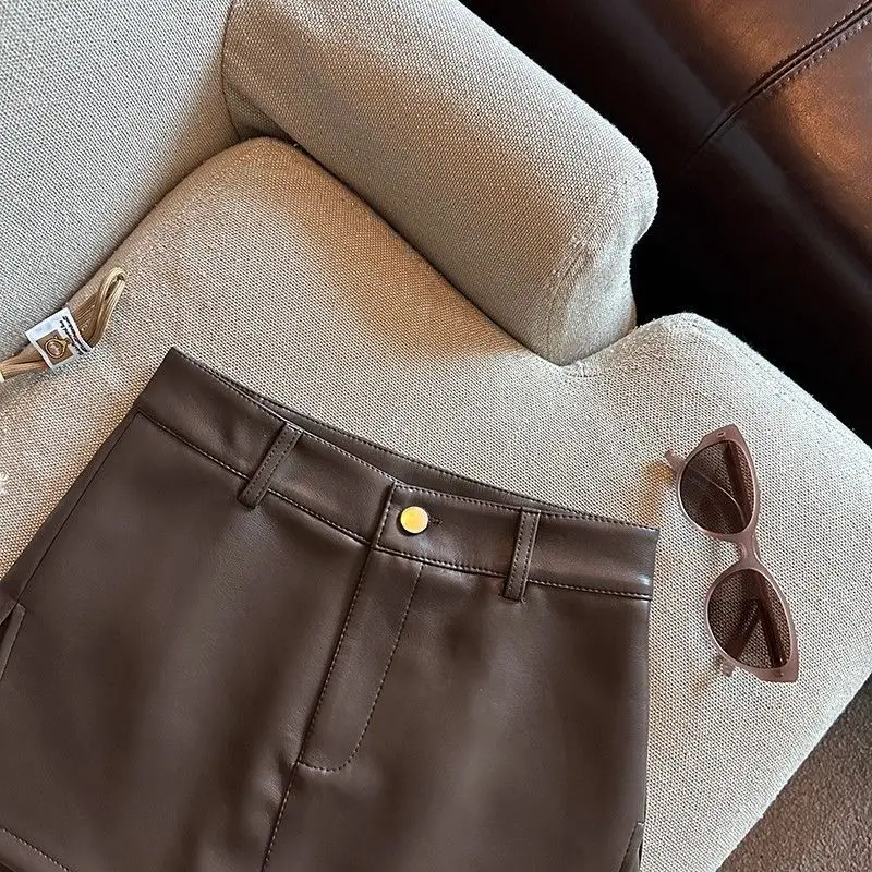 Vintage Brown PU Leather Skirts Female Sexy Hot Girls Package Hip Mini Skirt Women Autumn Winter High Waist Split Shorts Skirt