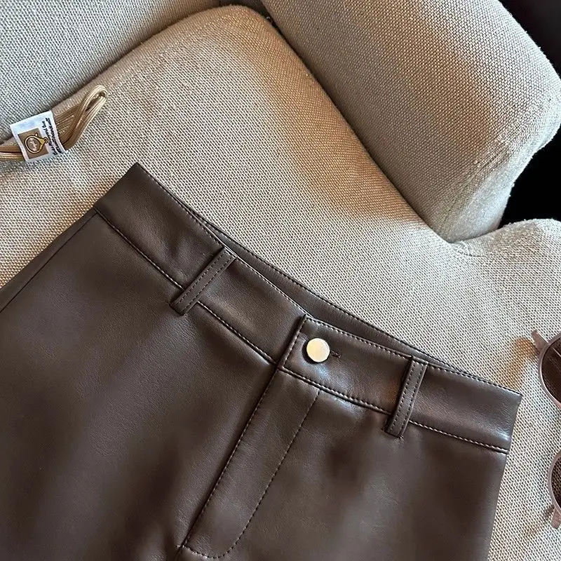 Vintage Brown PU Leather Skirts Female Sexy Hot Girls Package Hip Mini Skirt Women Autumn Winter High Waist Split Shorts Skirt