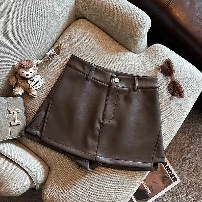 Vintage Brown PU Leather Skirts Female Sexy Hot Girls Package Hip Mini Skirt Women Autumn Winter High Waist Split Shorts Skirt
