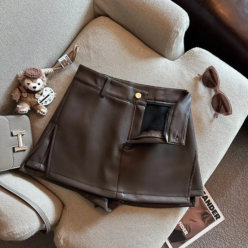 Vintage Brown PU Leather Skirts Female Sexy Hot Girls Package Hip Mini Skirt Women Autumn Winter High Waist Split Shorts Skirt
