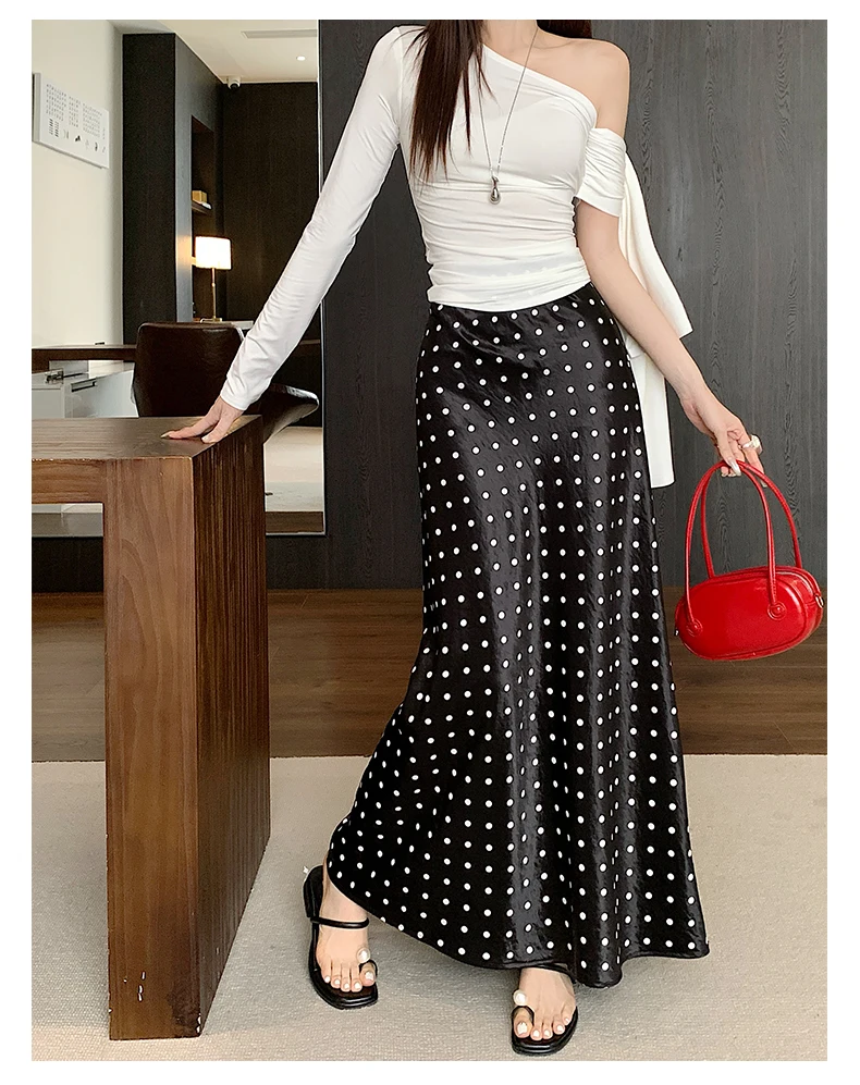 Women Polka Dot Acetate Satin Mermaid Maxi Skirt High-Waisted Slimming Fishtail Hem with Draped Elegance for Spring Autumn