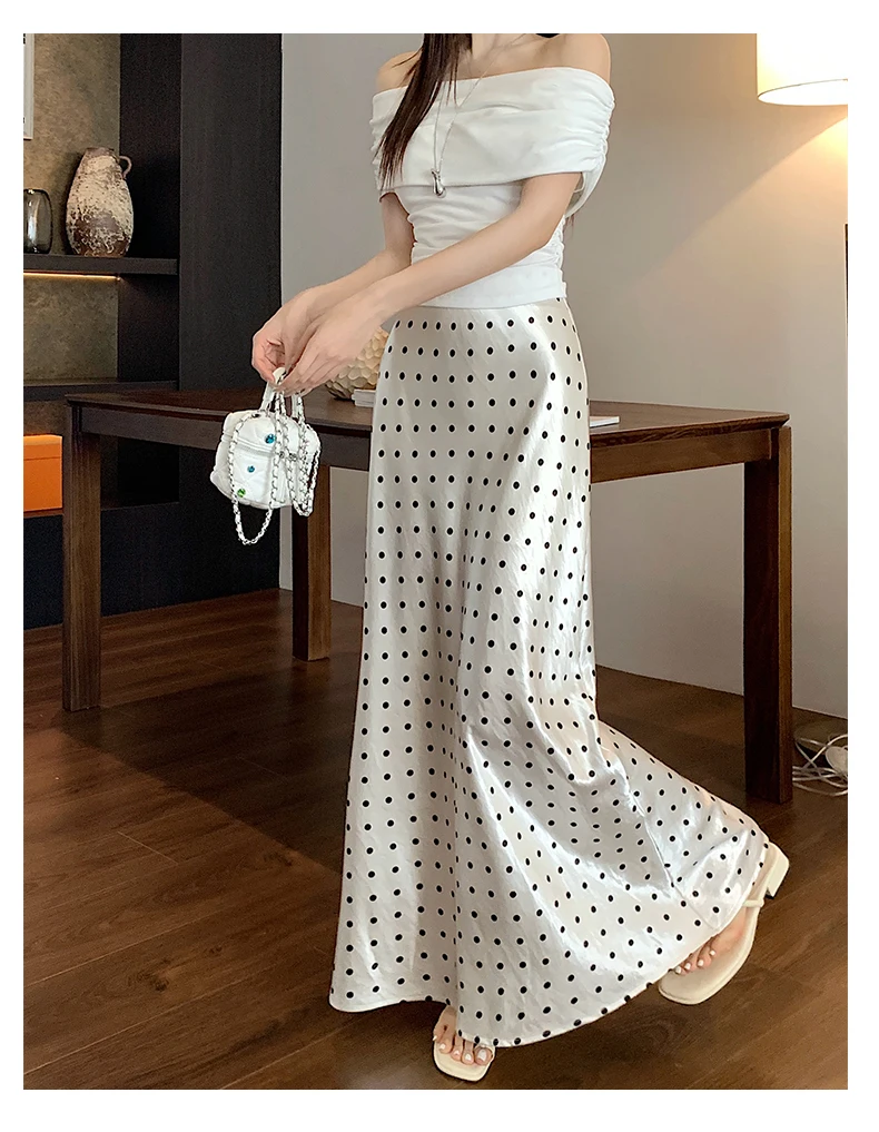 Women Polka Dot Acetate Satin Mermaid Maxi Skirt High-Waisted Slimming Fishtail Hem with Draped Elegance for Spring Autumn