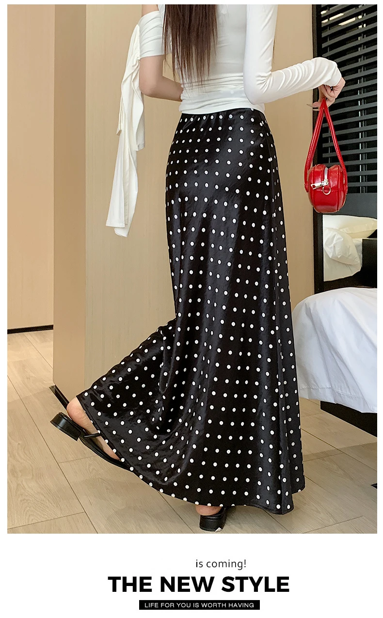 Women Polka Dot Acetate Satin Mermaid Maxi Skirt High-Waisted Slimming Fishtail Hem with Draped Elegance for Spring Autumn