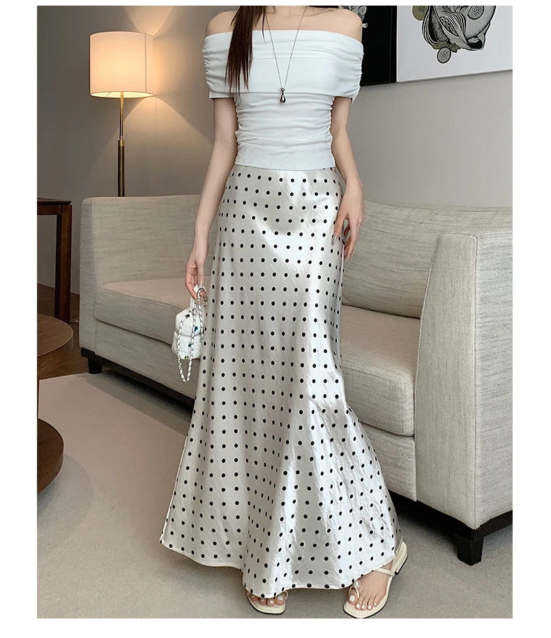 Women Polka Dot Acetate Satin Mermaid Maxi Skirt High-Waisted Slimming Fishtail Hem with Draped Elegance for Spring Autumn