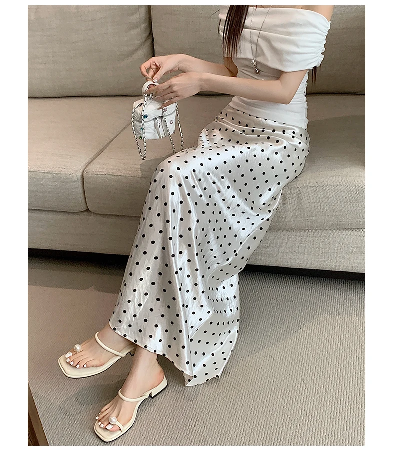 Women Polka Dot Acetate Satin Mermaid Maxi Skirt High-Waisted Slimming Fishtail Hem with Draped Elegance for Spring Autumn