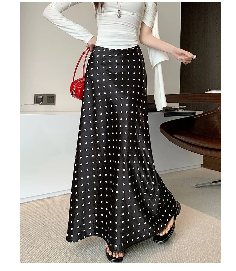 Women Polka Dot Acetate Satin Mermaid Maxi Skirt High-Waisted Slimming Fishtail Hem with Draped Elegance for Spring Autumn