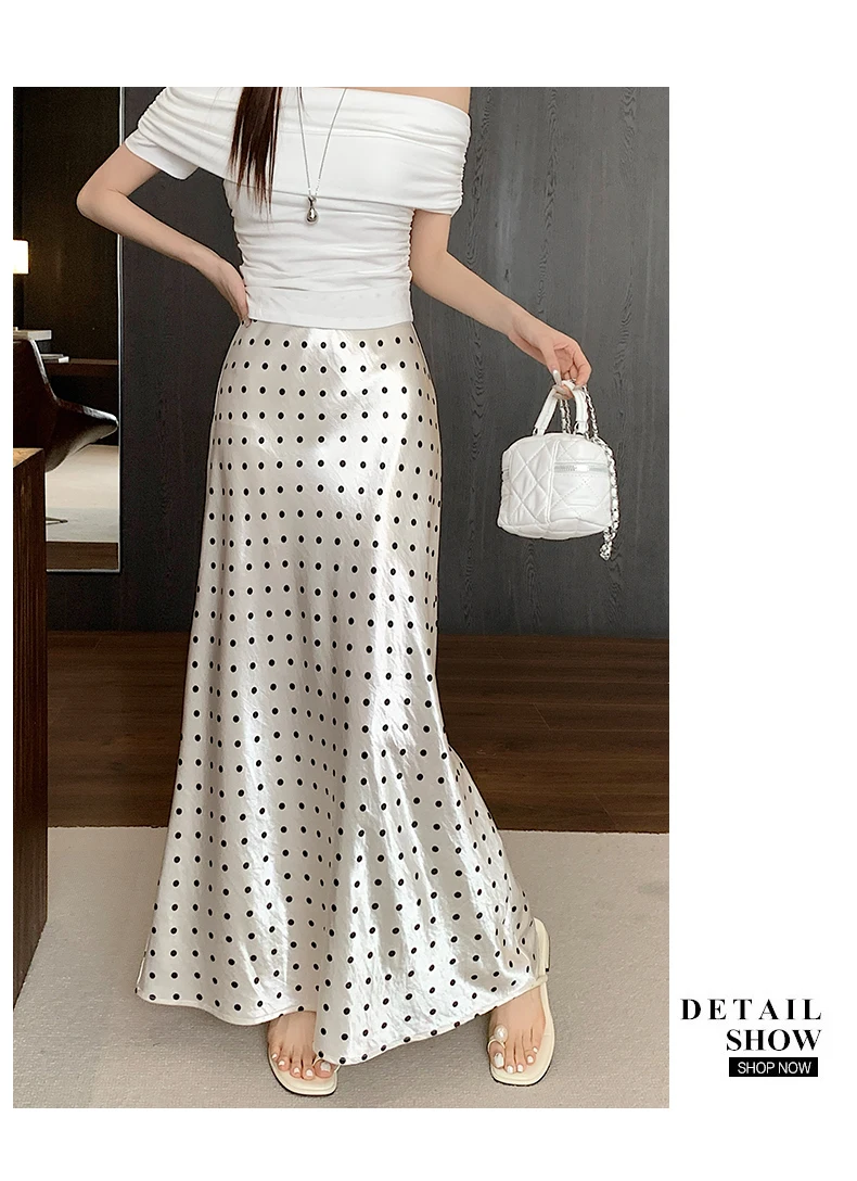 Women Polka Dot Acetate Satin Mermaid Maxi Skirt High-Waisted Slimming Fishtail Hem with Draped Elegance for Spring Autumn