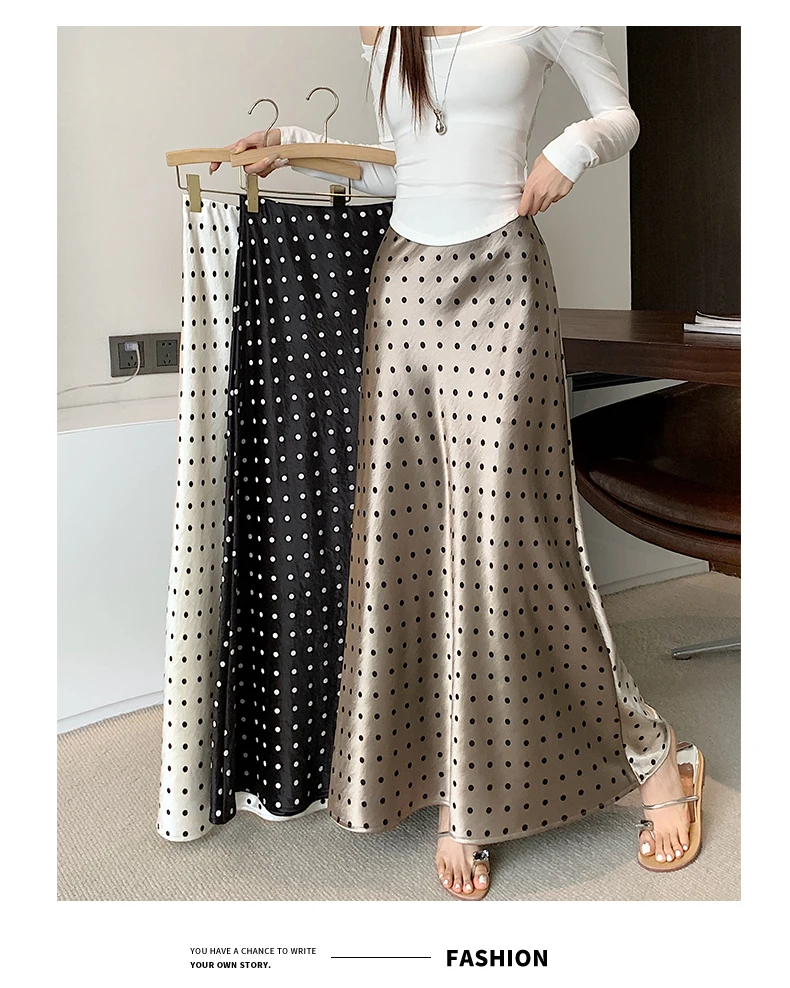 Women Polka Dot Acetate Satin Mermaid Maxi Skirt High-Waisted Slimming Fishtail Hem with Draped Elegance for Spring Autumn