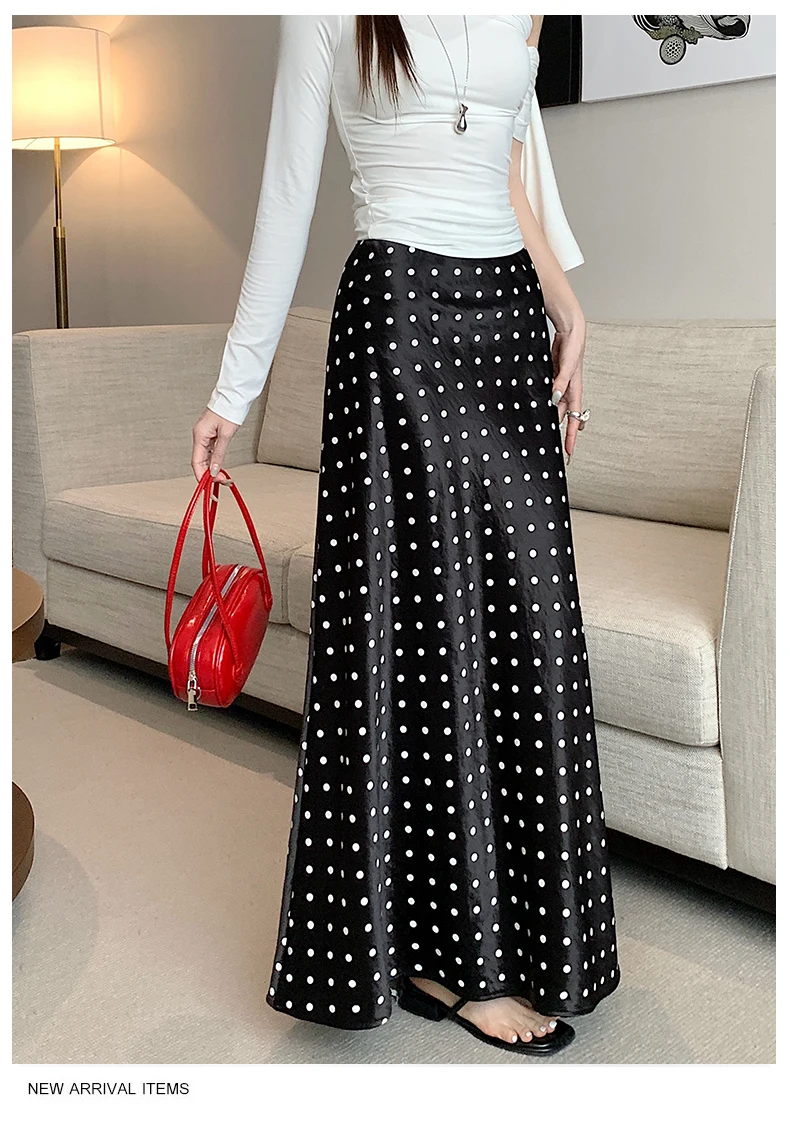Women Polka Dot Acetate Satin Mermaid Maxi Skirt High-Waisted Slimming Fishtail Hem with Draped Elegance for Spring Autumn