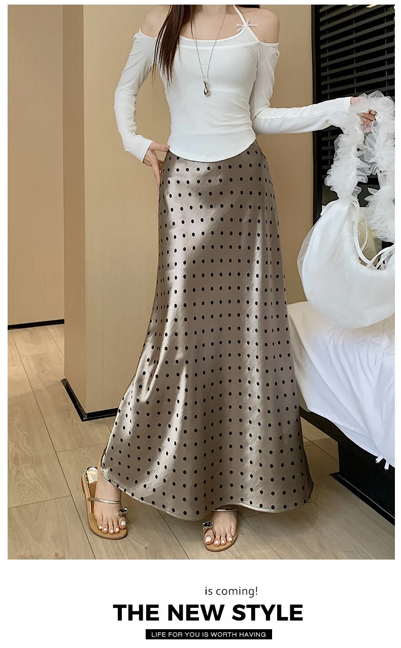 Women Polka Dot Acetate Satin Mermaid Maxi Skirt High-Waisted Slimming Fishtail Hem with Draped Elegance for Spring Autumn