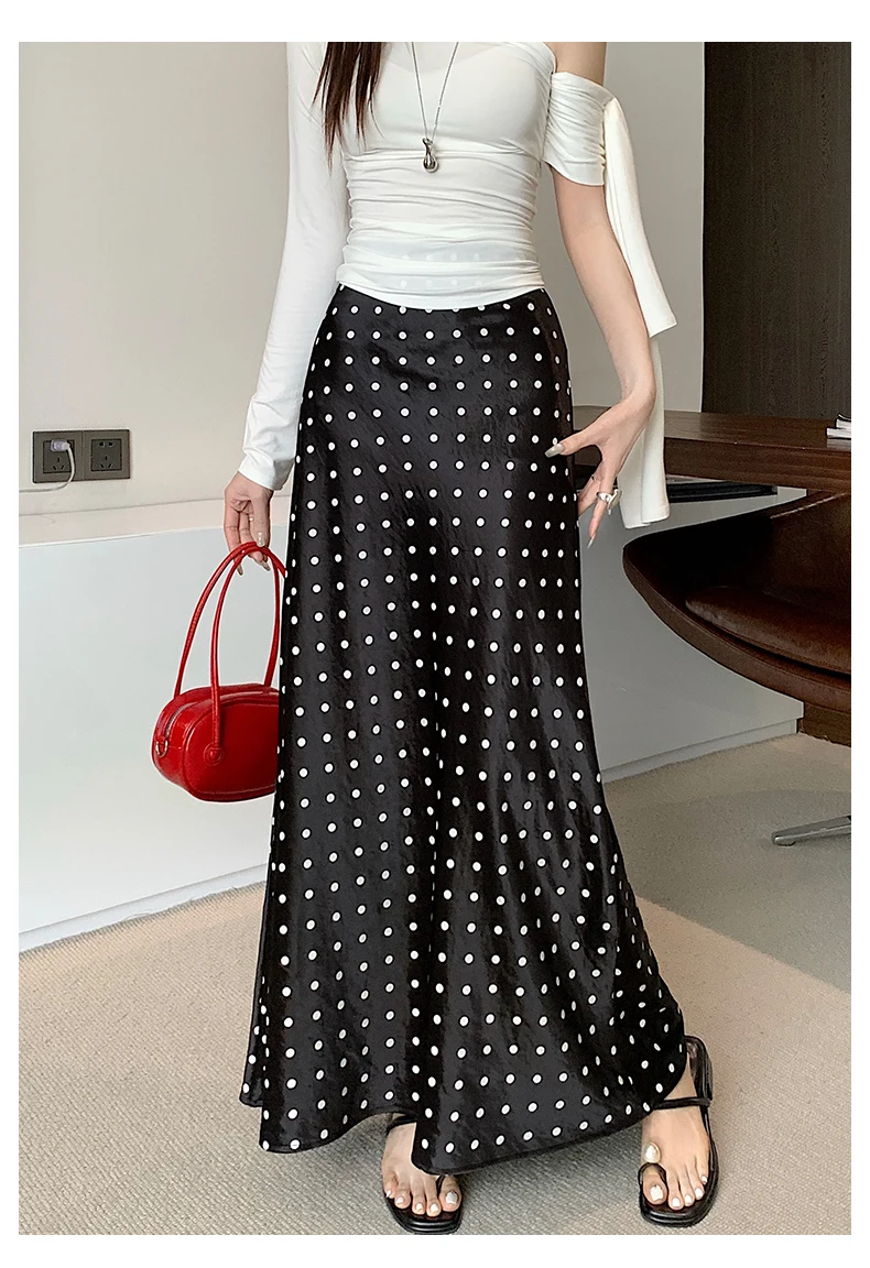 Women Polka Dot Acetate Satin Mermaid Maxi Skirt High-Waisted Slimming Fishtail Hem with Draped Elegance for Spring Autumn
