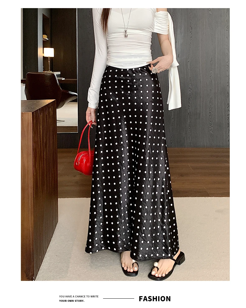 Women Polka Dot Acetate Satin Mermaid Maxi Skirt High-Waisted Slimming Fishtail Hem with Draped Elegance for Spring Autumn