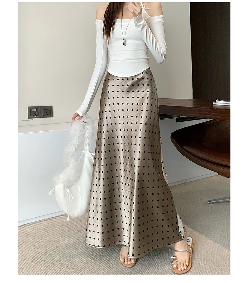 Women Polka Dot Acetate Satin Mermaid Maxi Skirt High-Waisted Slimming Fishtail Hem with Draped Elegance for Spring Autumn