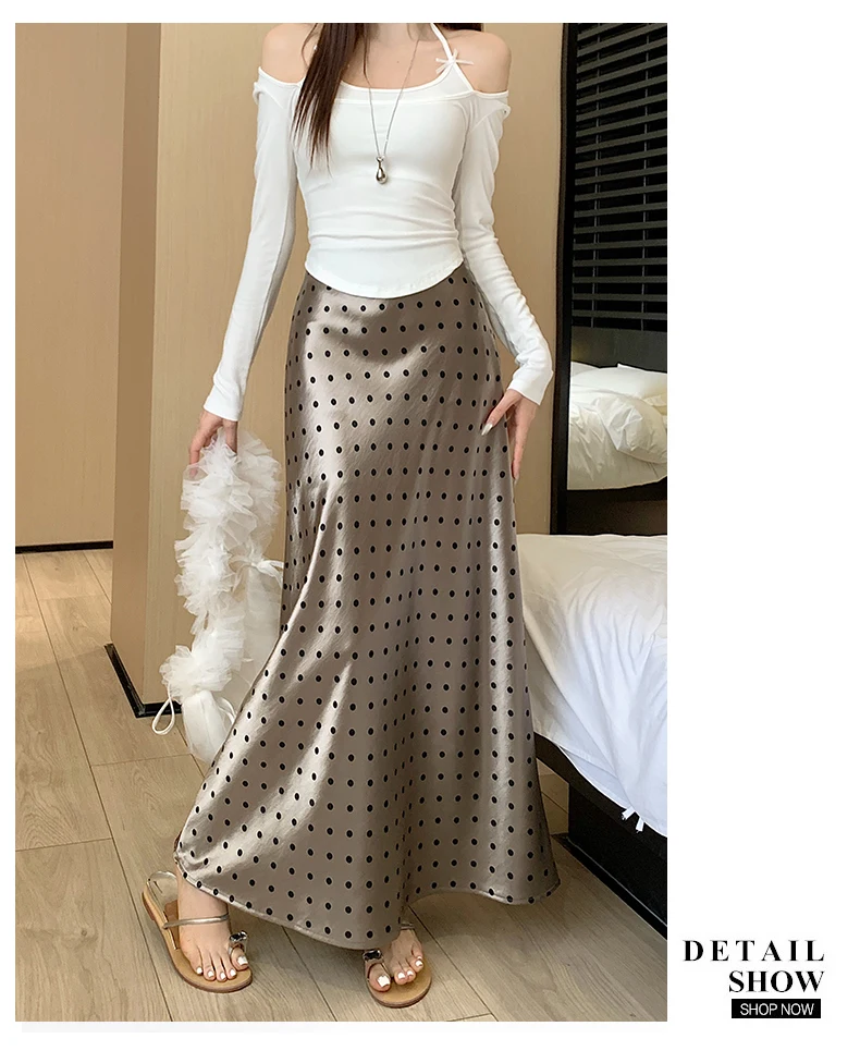 Women Polka Dot Acetate Satin Mermaid Maxi Skirt High-Waisted Slimming Fishtail Hem with Draped Elegance for Spring Autumn