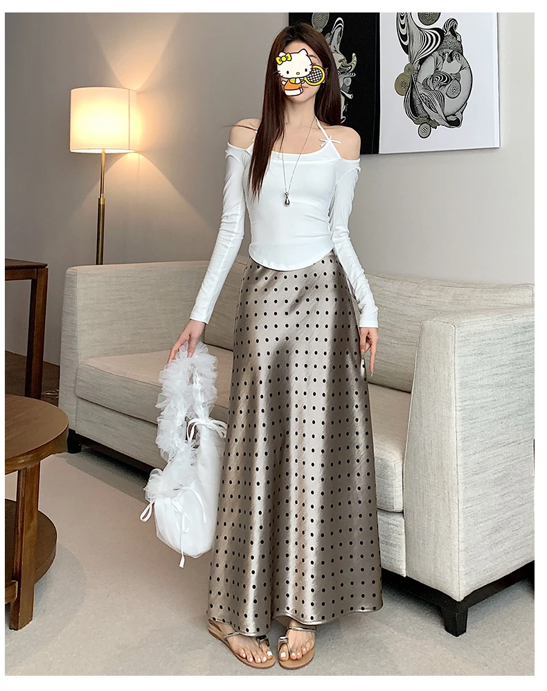 Women Polka Dot Acetate Satin Mermaid Maxi Skirt High-Waisted Slimming Fishtail Hem with Draped Elegance for Spring Autumn