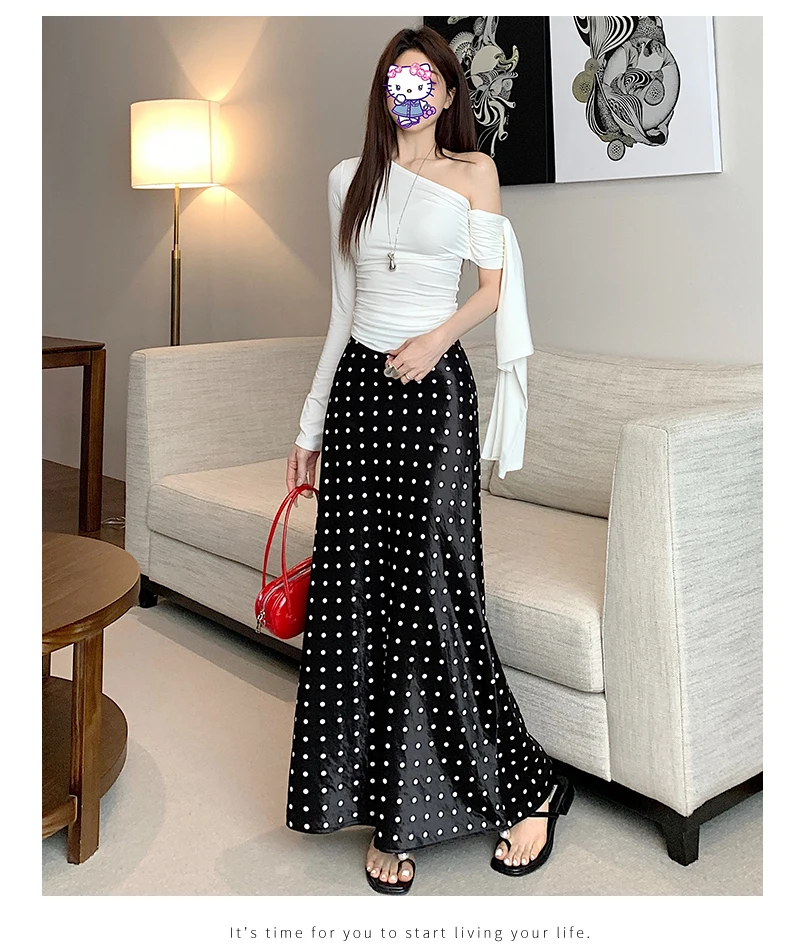 Women Polka Dot Acetate Satin Mermaid Maxi Skirt High-Waisted Slimming Fishtail Hem with Draped Elegance for Spring Autumn