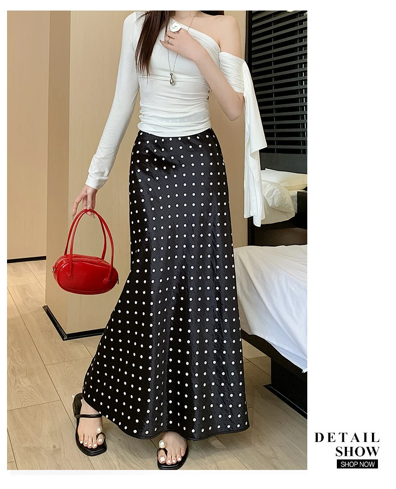 Women Polka Dot Acetate Satin Mermaid Maxi Skirt High-Waisted Slimming Fishtail Hem with Draped Elegance for Spring Autumn