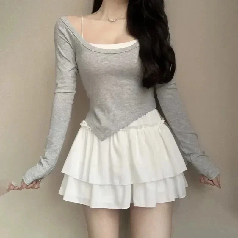 Summer Kawaii Pleated A-Line Skirt for Women White Ruffle Tiered Sweet Style Elastic Waist Summer Slim Korean Harajuku Dress