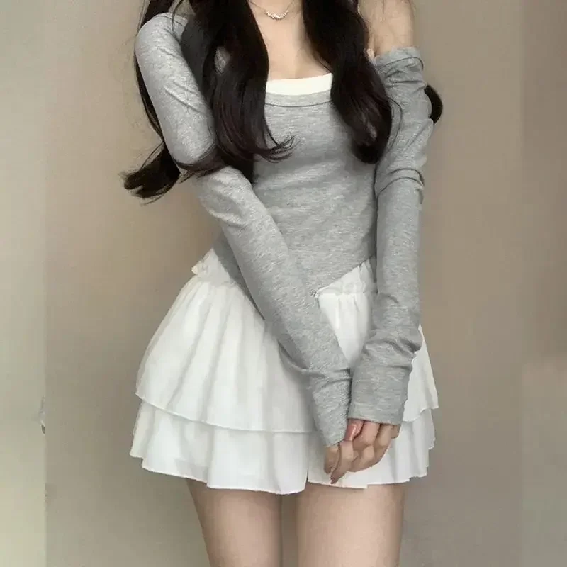 Summer Kawaii Pleated A-Line Skirt for Women White Ruffle Tiered Sweet Style Elastic Waist Summer Slim Korean Harajuku Dress