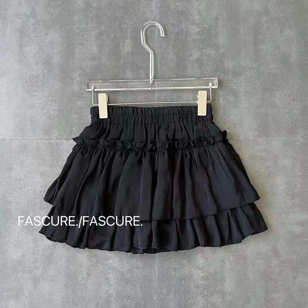 Summer Kawaii Pleated A-Line Skirt for Women White Ruffle Tiered Sweet Style Elastic Waist Summer Slim Korean Harajuku Dress