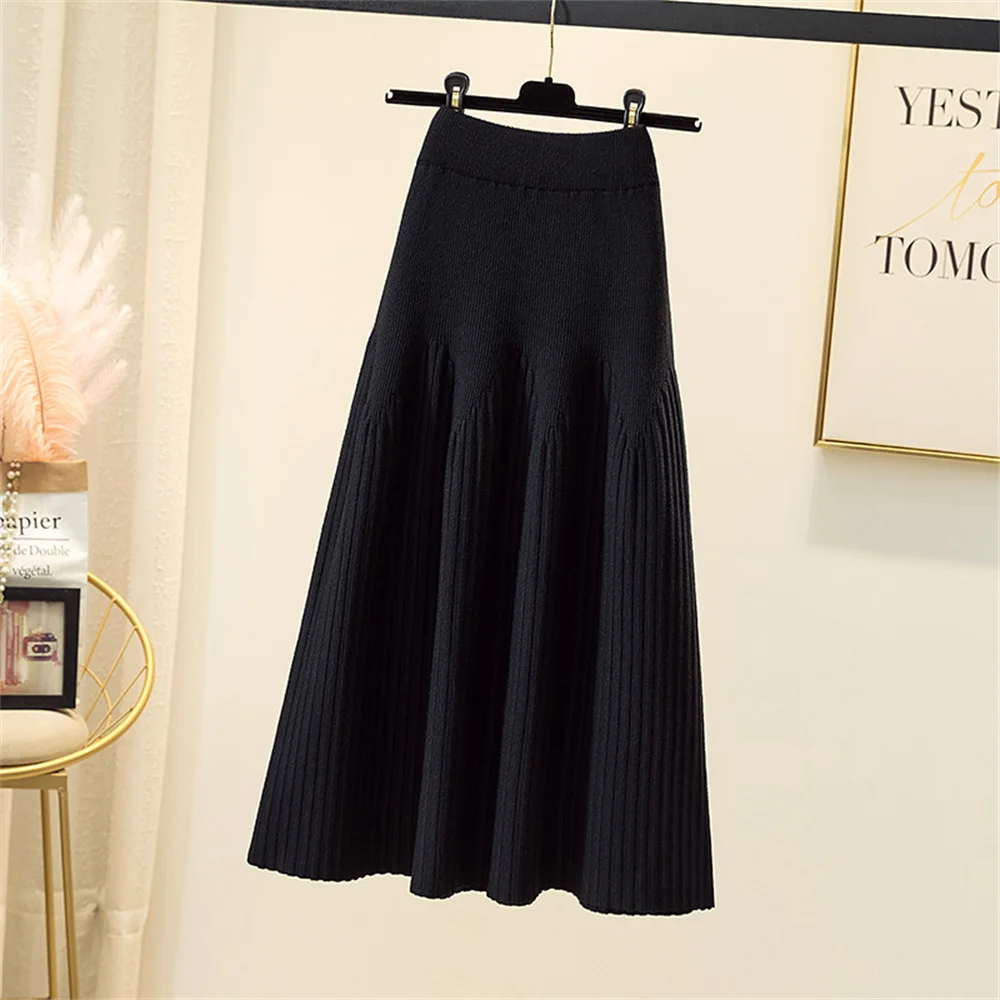 2024 Knitted Black Skirt Women Vintage Mid Length Skirts A-line Pleated Skirt Thin Casual Solid Color Autumn and Winter Clothes