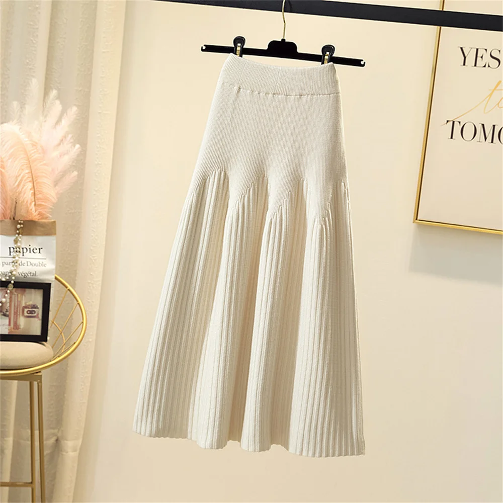 2024 Knitted Black Skirt Women Vintage Mid Length Skirts A-line Pleated Skirt Thin Casual Solid Color Autumn and Winter Clothes