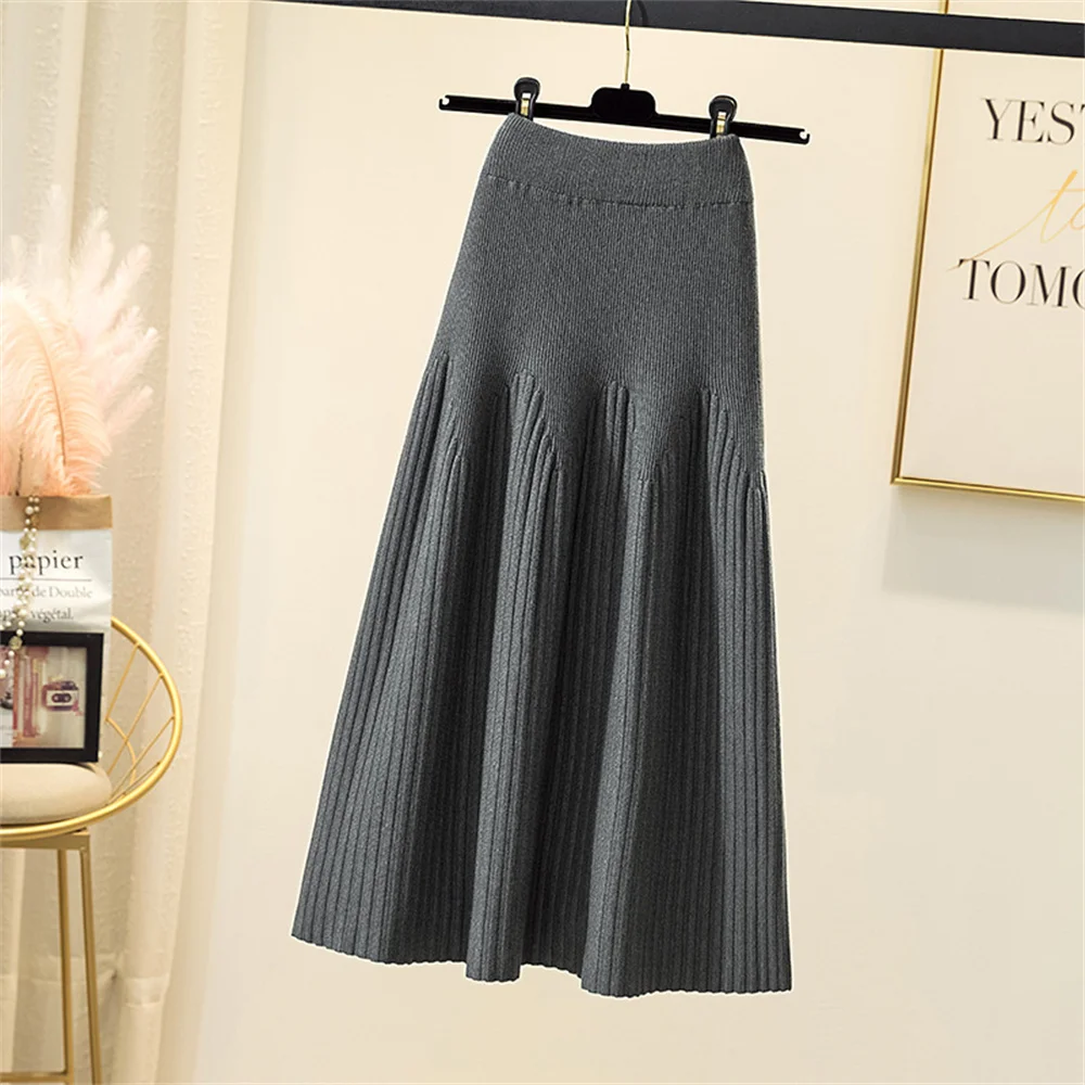 2024 Knitted Black Skirt Women Vintage Mid Length Skirts A-line Pleated Skirt Thin Casual Solid Color Autumn and Winter Clothes