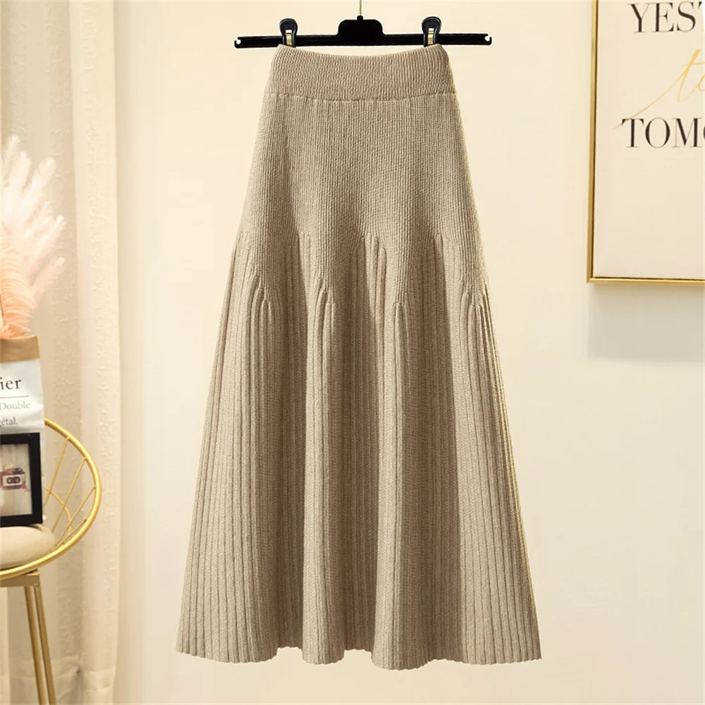 2024 Knitted Black Skirt Women Vintage Mid Length Skirts A-line Pleated Skirt Thin Casual Solid Color Autumn and Winter Clothes