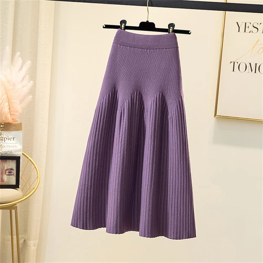 2024 Knitted Black Skirt Women Vintage Mid Length Skirts A-line Pleated Skirt Thin Casual Solid Color Autumn and Winter Clothes