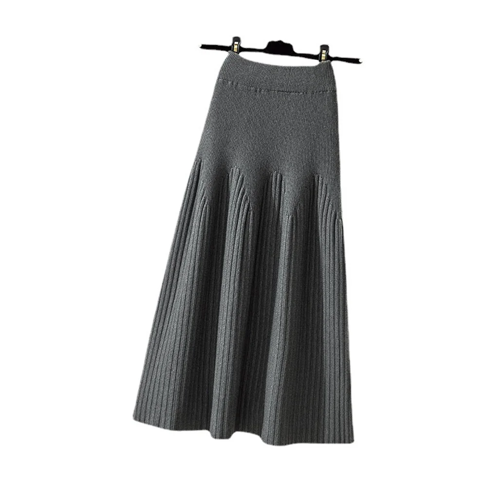 2024 Knitted Black Skirt Women Vintage Mid Length Skirts A-line Pleated Skirt Thin Casual Solid Color Autumn and Winter Clothes