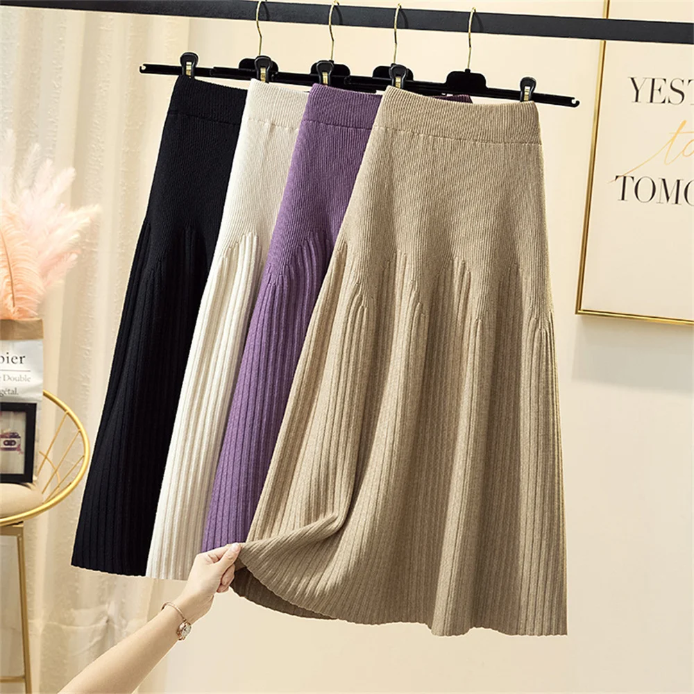 2024 Knitted Black Skirt Women Vintage Mid Length Skirts A-line Pleated Skirt Thin Casual Solid Color Autumn and Winter Clothes