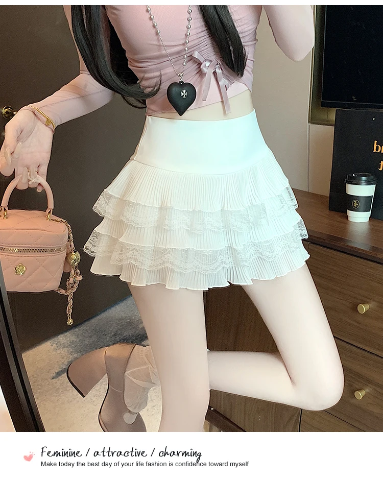 Cute Lace Ruffle Tiered Mini Skirts for Women, High-Waist Spring Summer 2026 New Short Skirt, Petite Friendly Hot Girl