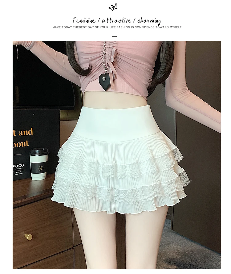 Cute Lace Ruffle Tiered Mini Skirts for Women, High-Waist Spring Summer 2026 New Short Skirt, Petite Friendly Hot Girl