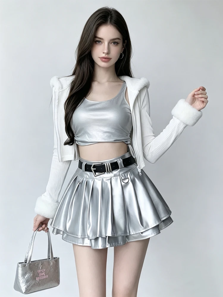 Women Black A-line Leather Skirt Vintage Aesthetic Y2k Pleated Skirt Harajuku Korean Gothic Mini Skirt Emo 2000s Clothes Summer
