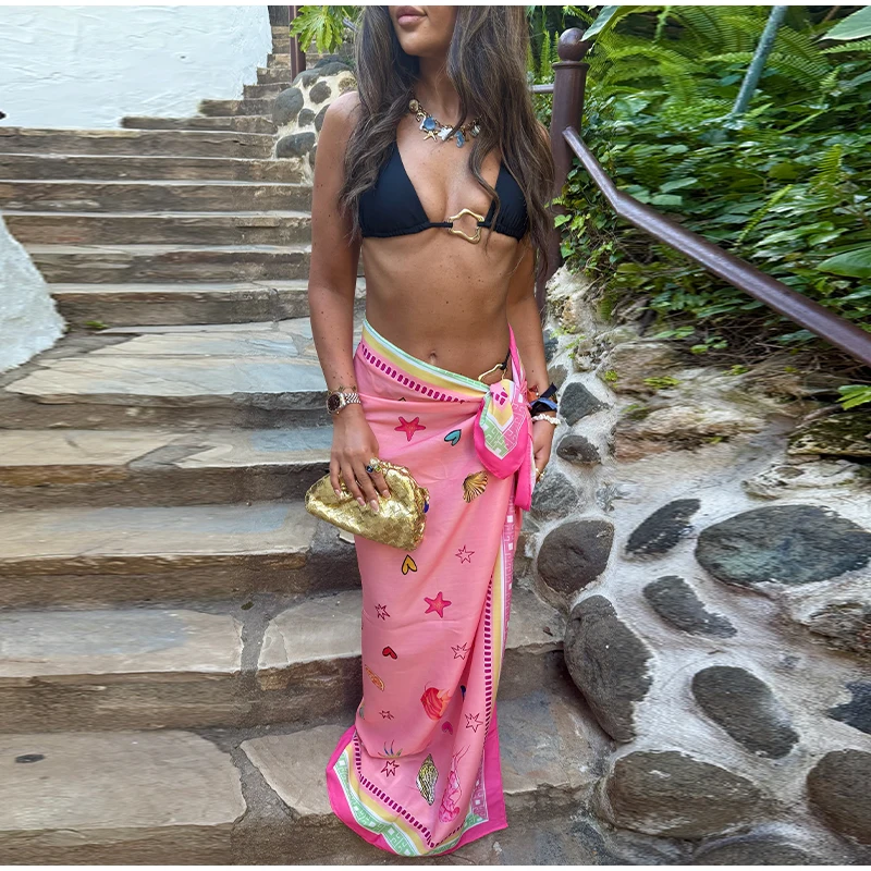 Side Knot Printed Women Skirt High Waist Tie Honeymoon Travel Swimsuit Coverup Beach Bathing Suit Wrap Skirts Sexy