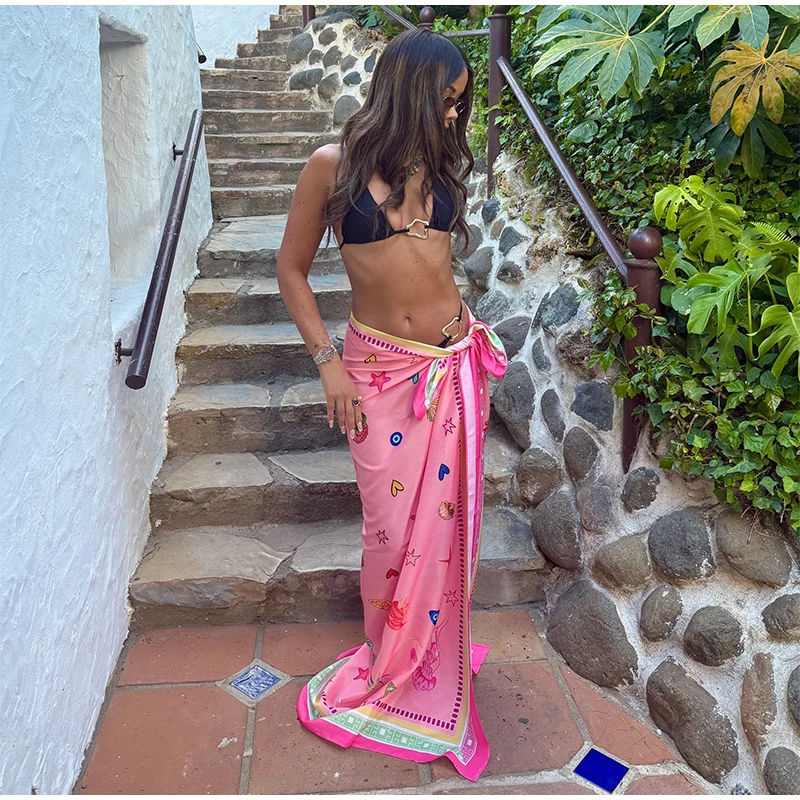 Side Knot Printed Women Skirt High Waist Tie Honeymoon Travel Swimsuit Coverup Beach Bathing Suit Wrap Skirts Sexy