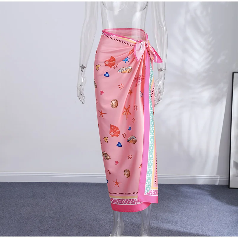 Side Knot Printed Women Skirt High Waist Tie Honeymoon Travel Swimsuit Coverup Beach Bathing Suit Wrap Skirts Sexy