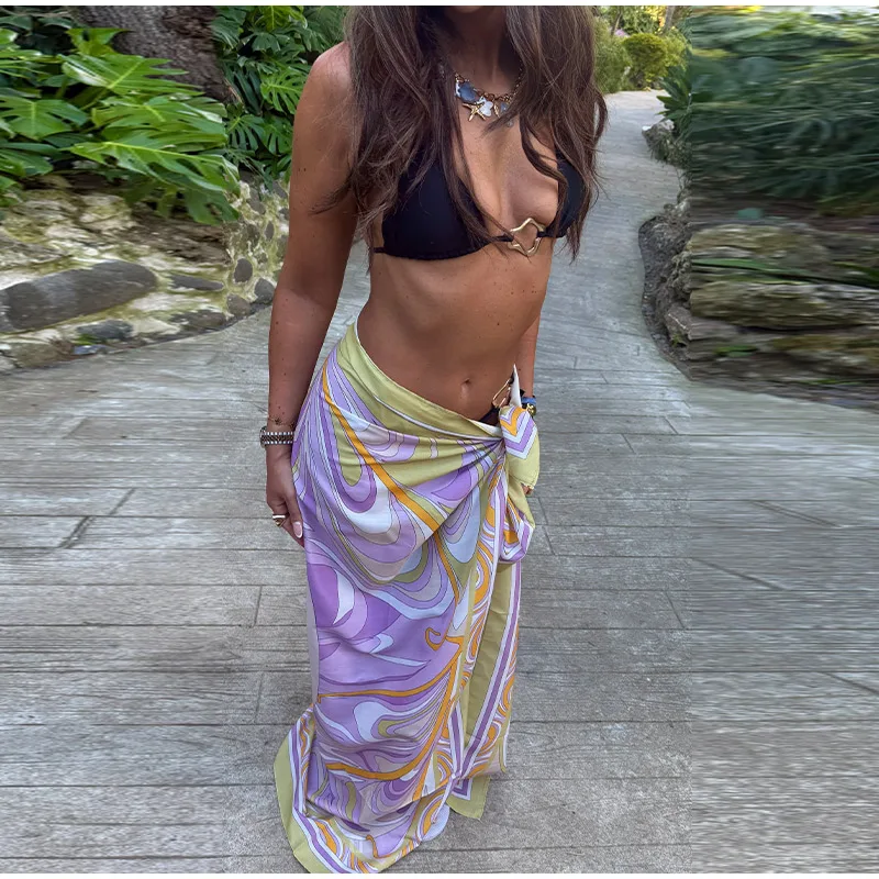 Side Knot Printed Women Skirt High Waist Tie Honeymoon Travel Swimsuit Coverup Beach Bathing Suit Wrap Skirts Sexy