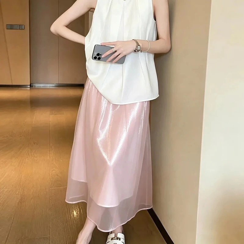 Elegant Pink Long Skirt Women Loose High Waist Sweet Pearl Yarn Fashion Skirts Summer Casual Female Ins Cute All Match Skirt New