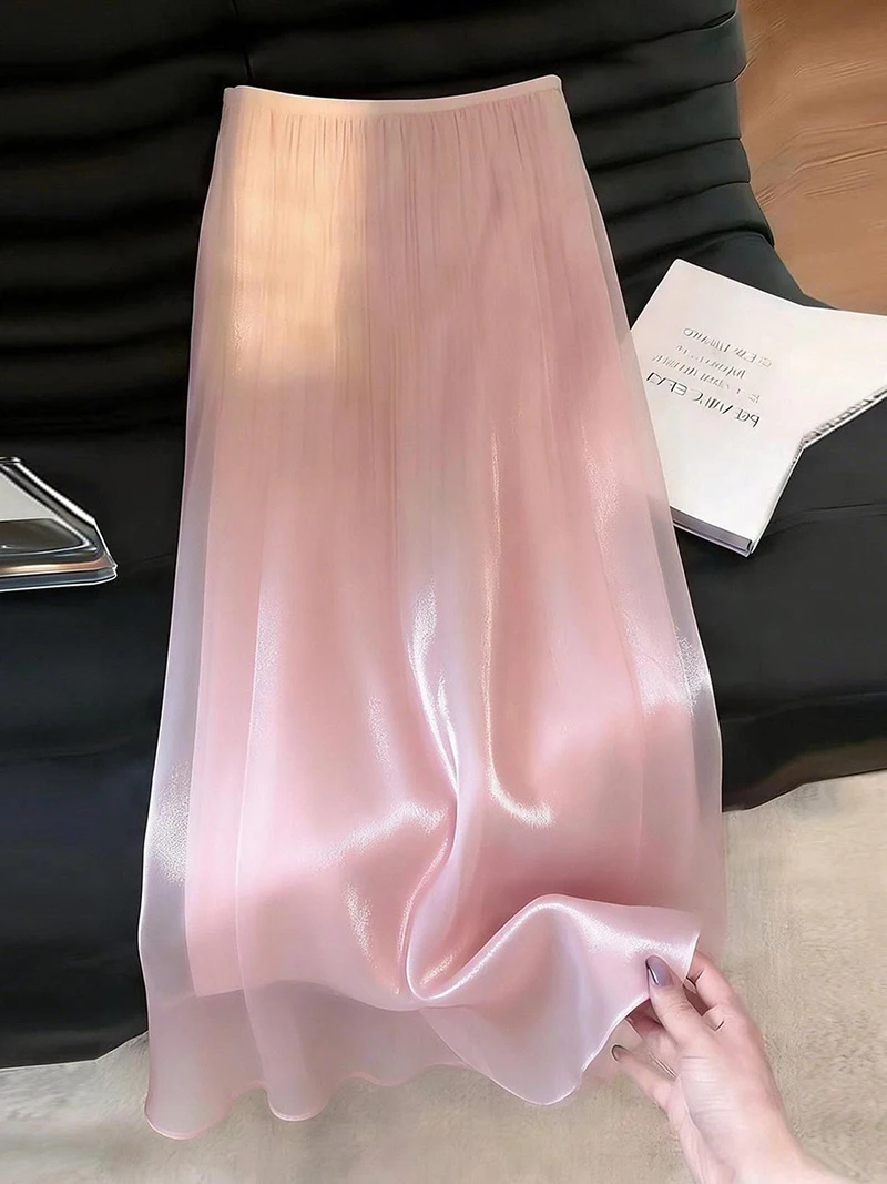 Elegant Pink Long Skirt Women Loose High Waist Sweet Pearl Yarn Fashion Skirts Summer Casual Female Ins Cute All Match Skirt New