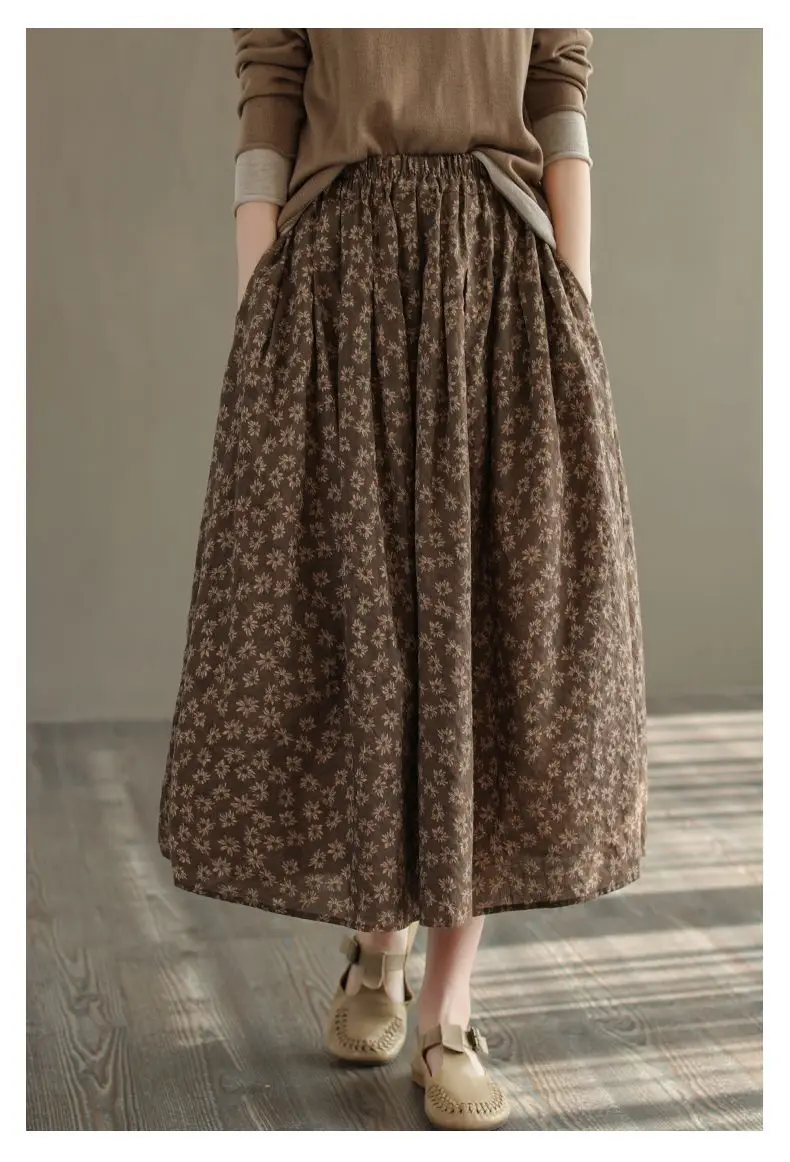 Women Casual Skirts New Arrival 2023 Autumn Vintage Style Floral Print Loose Comfortable Ladies Elegant A-line Long Skirt D536